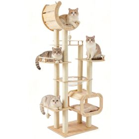 Heavy-Duty No-Drill Large Cat Tree-Solid Wood, 5-Story Multi-Column Cat Tower, 80.4in For Large Spaces & Multi-Cat Households, Open Condo, Space (Option: 7020NATURAL)