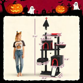 Gothic Cat Tree, Cat Tower With Coffin Bed, 2 Spacious Condos, Sisal Scratching Posts, Bat Hanging Balls, Halloween (Option: Black Red Cream White)