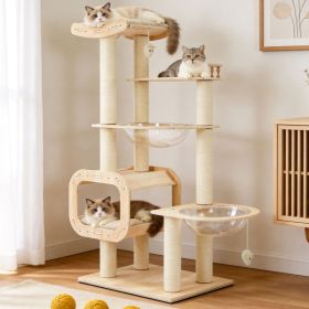 Heavy-Duty No-Drill 4-Story Cat Tree-Solid Wood Multi-Story Boards, Multi-Column Design, 55.9in Cat Tower With Open Condo, Double Space Capsules (Option: 7018NATURAL)