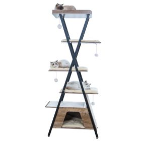 73in Modern Cat Tower For Indoor Cats - Multi-Level Cat Tree With Scratching Posts, Caves, Large Perch & Removable Pads - Wooden Cat Furniture (Option: 7013GREIGE)